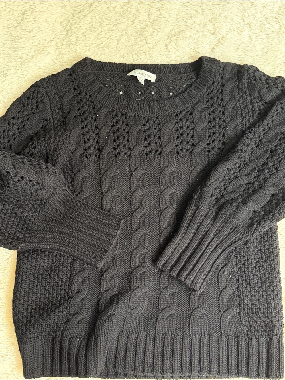Amour Vert Black Cable-Knit Crew Sweater